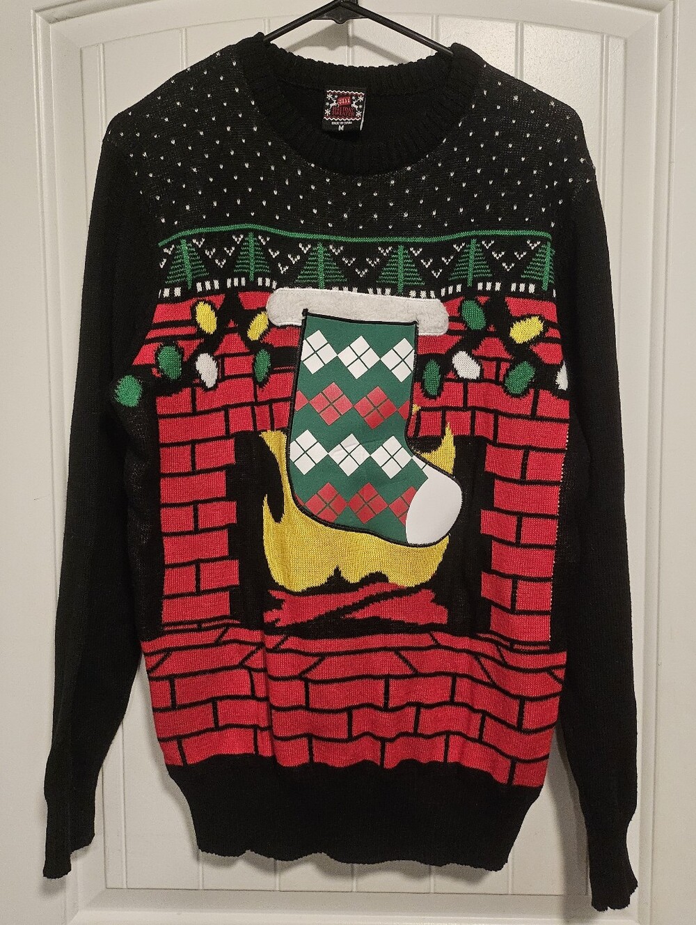 Men's Black Christmas Sweater with Festive Stocking Fireplace